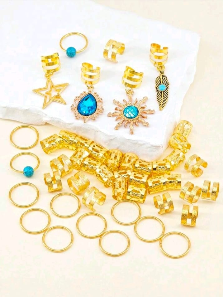 46pcs Turquoise Pendant Dreadlock Hair Accessories Set, Including Hair Ties, Hair Clips, Hair Pins, Hair Barrettes, Hippie Style Hair Decorations Suitable For Women Braiding, Also Includes Claw Clips, Hair Clips, Hair Pins.