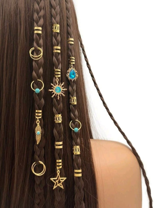 46pcs Turquoise Pendant Dreadlock Hair Accessories Set, Including Hair Ties, Hair Clips, Hair Pins, Hair Barrettes, Hippie Style Hair Decorations Suitable For Women Braiding, Also Includes Claw Clips, Hair Clips, Hair Pins.