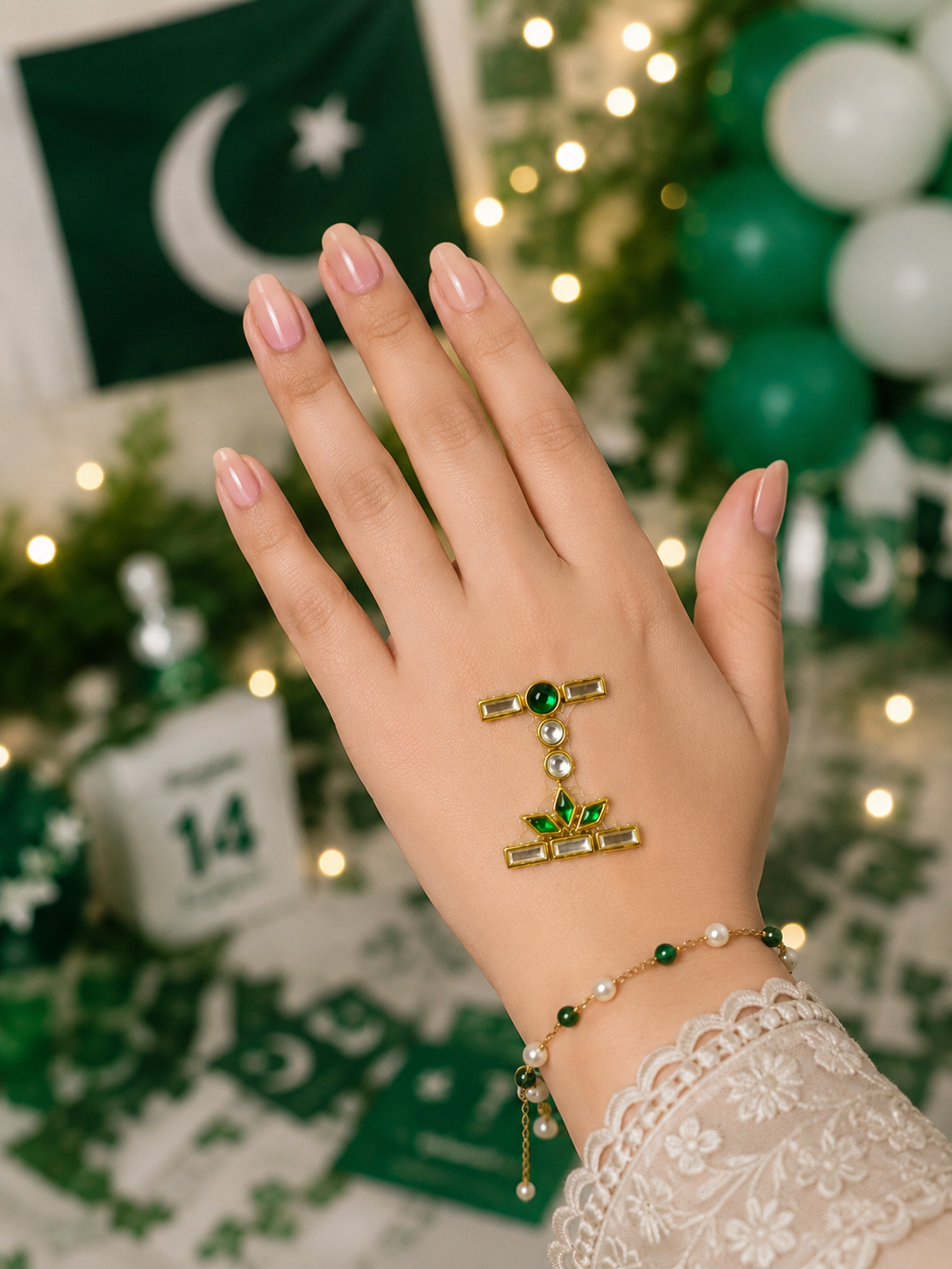 I–P Alphabet Kundan Flag Stickers | Green & White Initial Stickers | 14 August Special