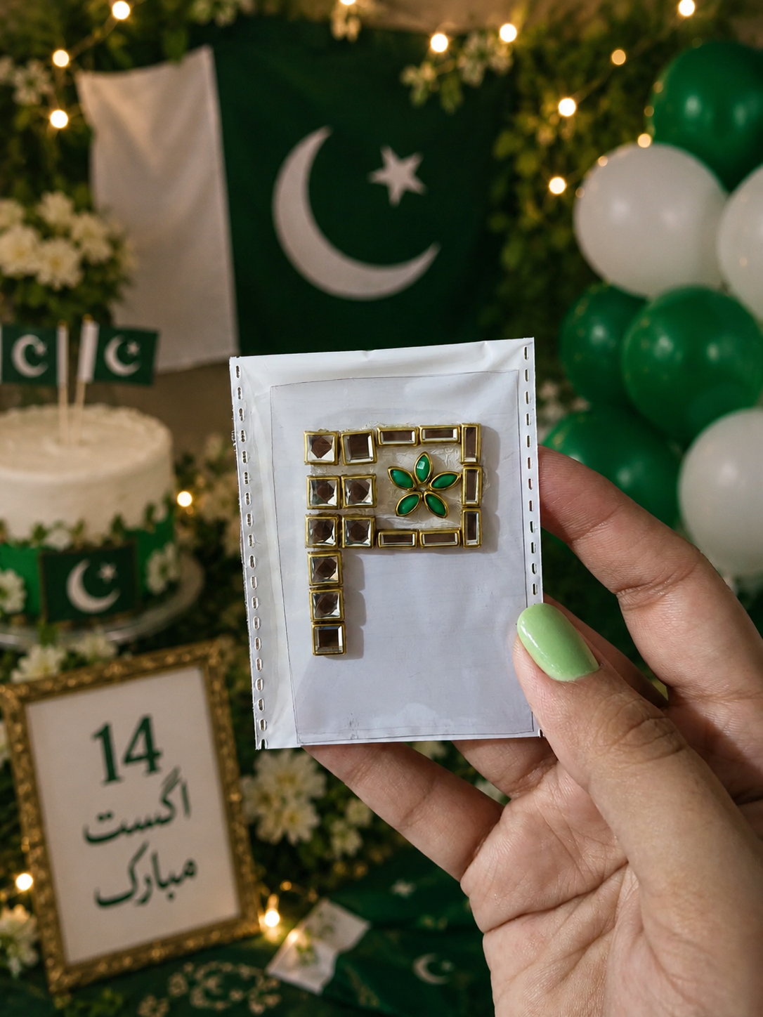 Pakistan Flag Kundan Sticker for 14 August – Independence Day Hand Decoration | Self-Adhesive