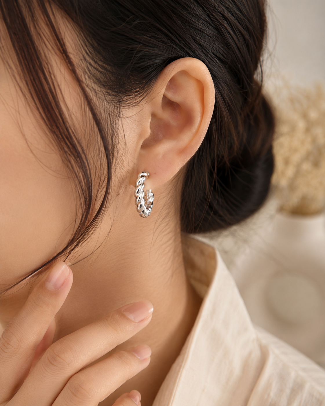 Silver Twisted Hoop Earrings for Women | Minimalist Chain Link Huggie Earrings