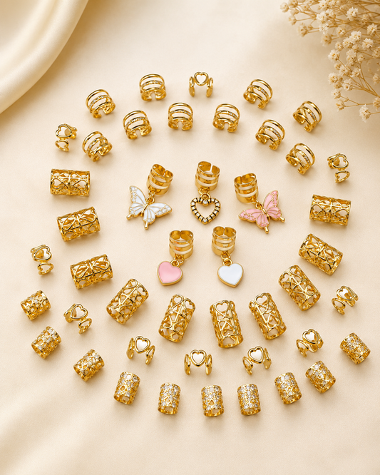 Pack of 45 Gold Hair Braid Rings & Charms – Premium Braiding Hair Accessories Set for Girls & Women