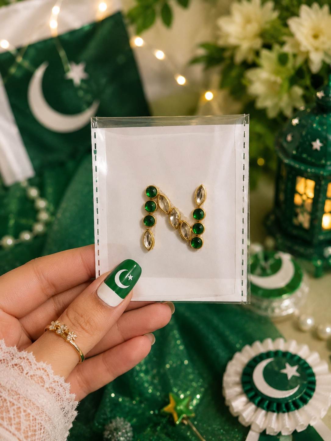 I–P Alphabet Kundan Flag Stickers | Green & White Initial Stickers | 14 August Special