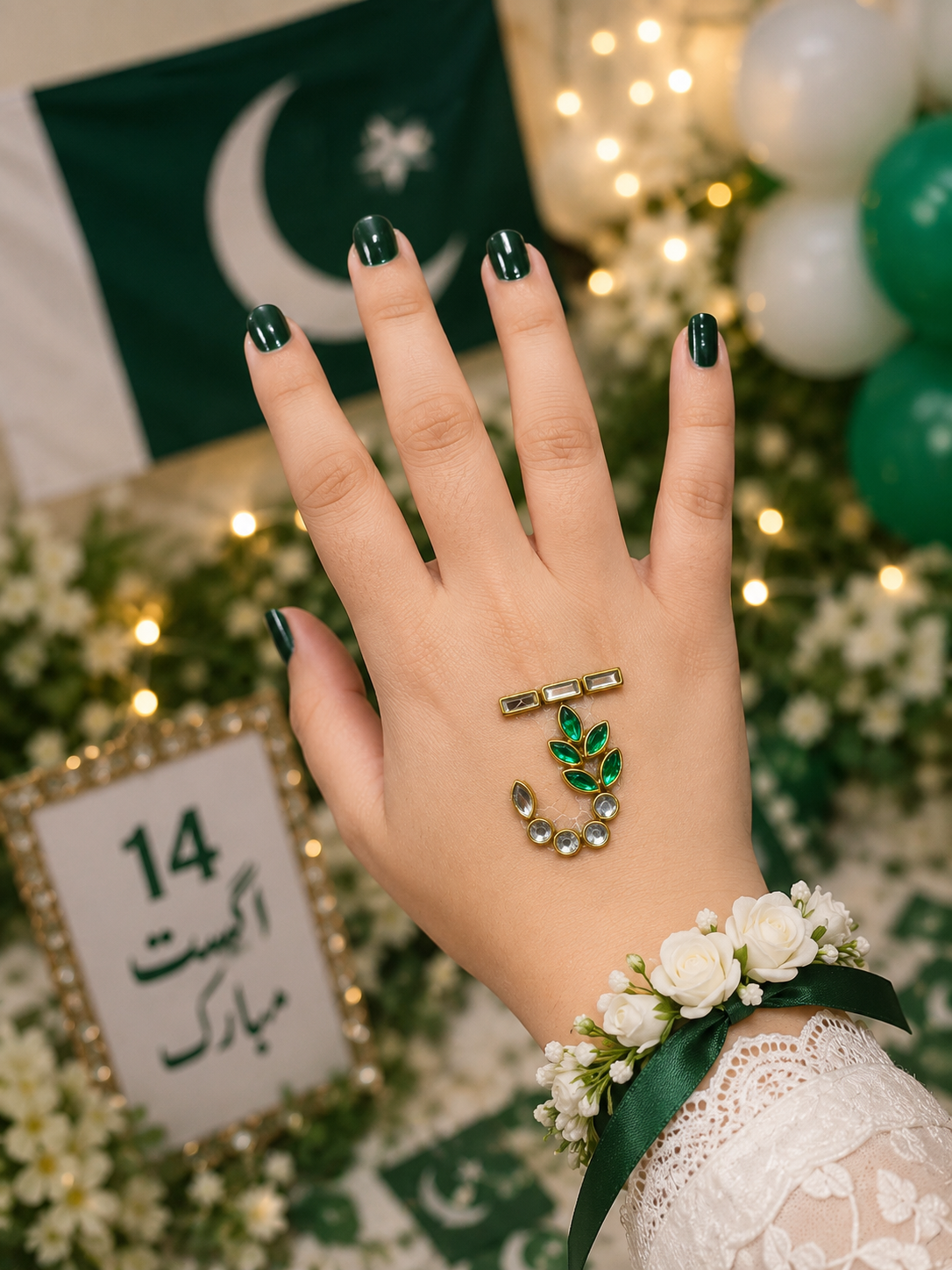 I–P Alphabet Kundan Flag Stickers | Green & White Initial Stickers | 14 August Special