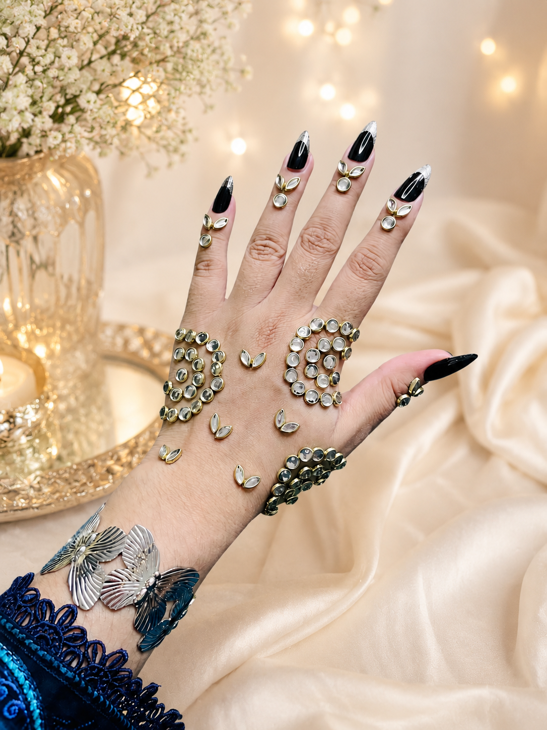 Luxury Kundan Mehndi Sticker Set – Self-Adhesive Bridal Hand Decoration for Weddings & Eid