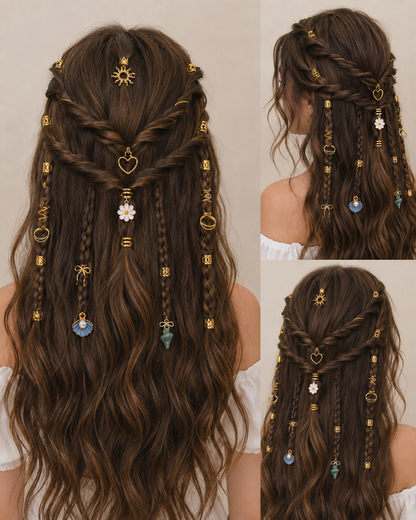 50PCS Gold Hair Rings & Hair Charms Set – Braid Accessories, Hair Jewelry for Braids, Ponytails & Wedding Hairstyles
