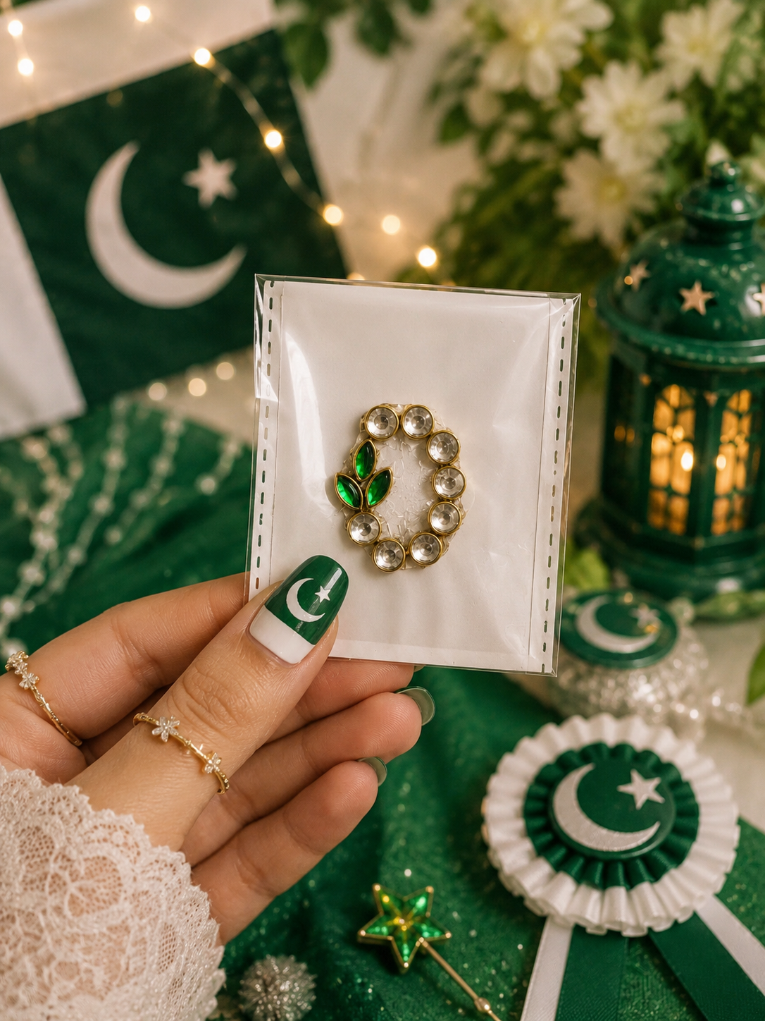 I–P Alphabet Kundan Flag Stickers | Green & White Initial Stickers | 14 August Special