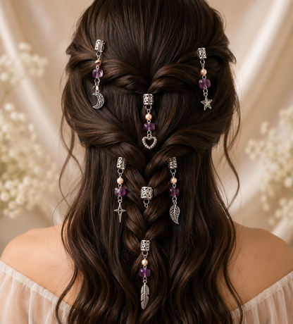 36PCS Silver Hair Cuffs for Braids | Adjustable Braid Rings, Dreadlock Hair Jewelry, Loc Accessories with Pearl, Purple Crystal & Charm Pendants