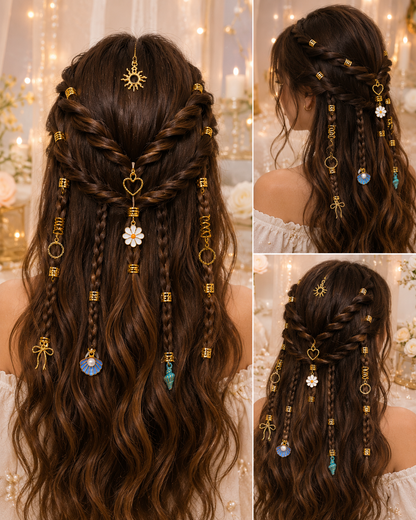 50PCS Gold Hair Rings & Hair Charms Set – Braid Accessories, Hair Jewelry for Braids, Ponytails & Wedding Hairstyles