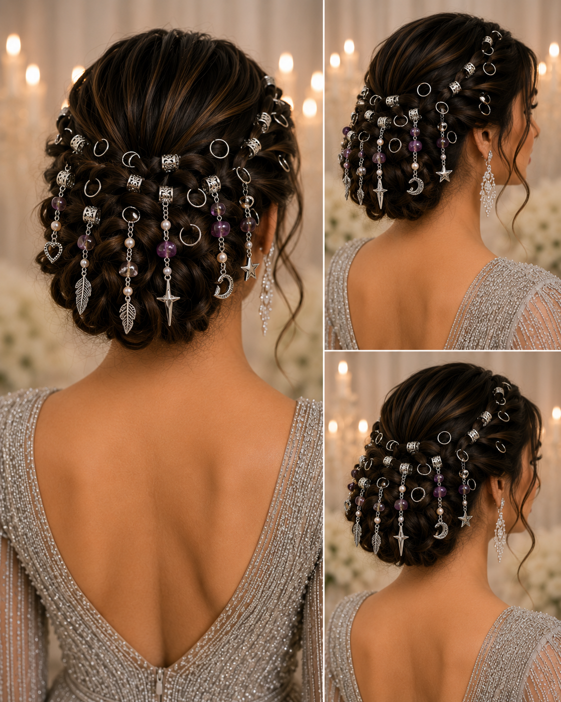 36PCS Silver Hair Cuffs for Braids | Adjustable Braid Rings, Dreadlock Hair Jewelry, Loc Accessories with Pearl, Purple Crystal & Charm Pendants
