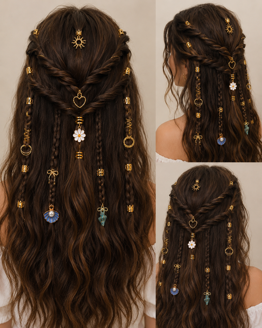 50PCS Gold Hair Rings & Hair Charms Set – Braid Accessories, Hair Jewelry for Braids, Ponytails & Wedding Hairstyles
