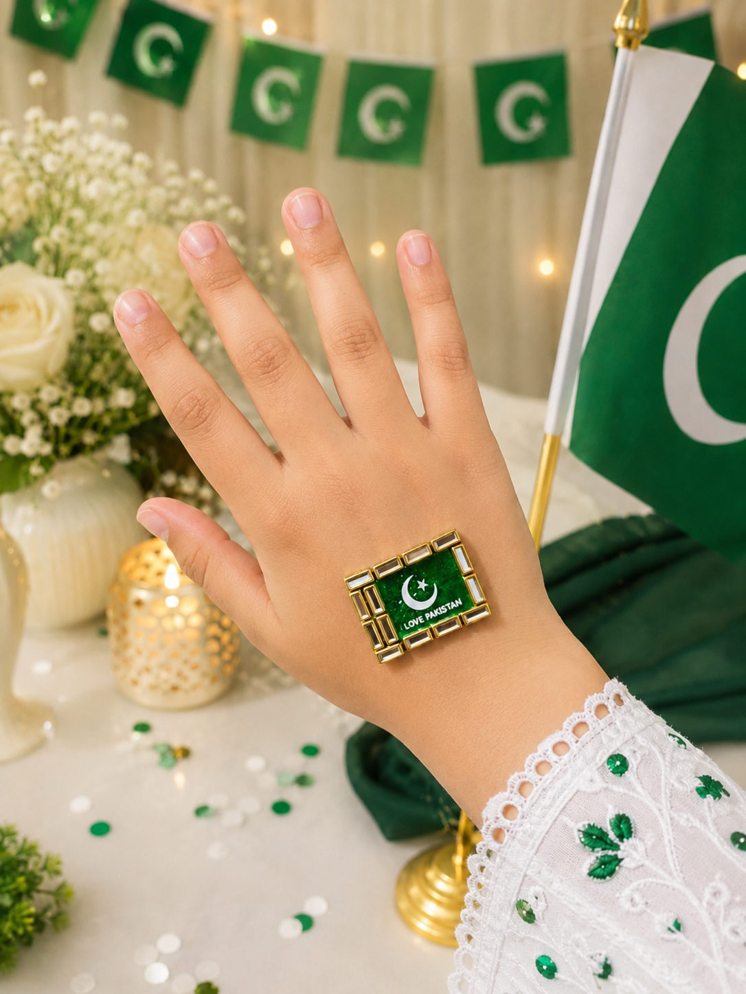 14 August Love Pakistan Kundan Hand Sticker – Premium Reusable Self-Adhesive Independence Day Body Sticker