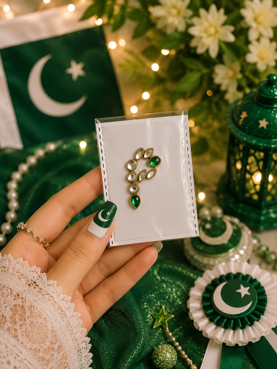 I–P Alphabet Kundan Flag Stickers | Green & White Initial Stickers | 14 August Special