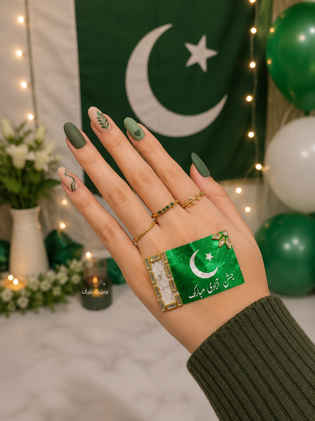 14 August Pakistan Flag Kundan Wrist Sticker – Premium Reusable Self-Adhesive Independence Day Decorative Sticker