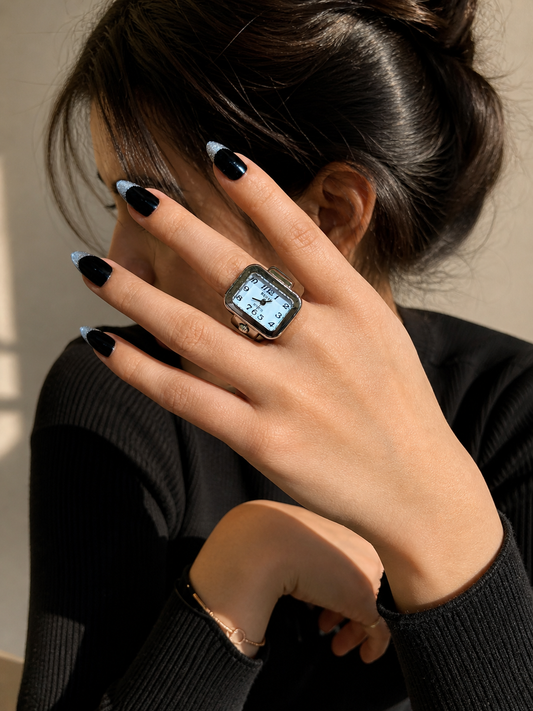 Silver Square Dial Ring Watch for Women | Square Dail