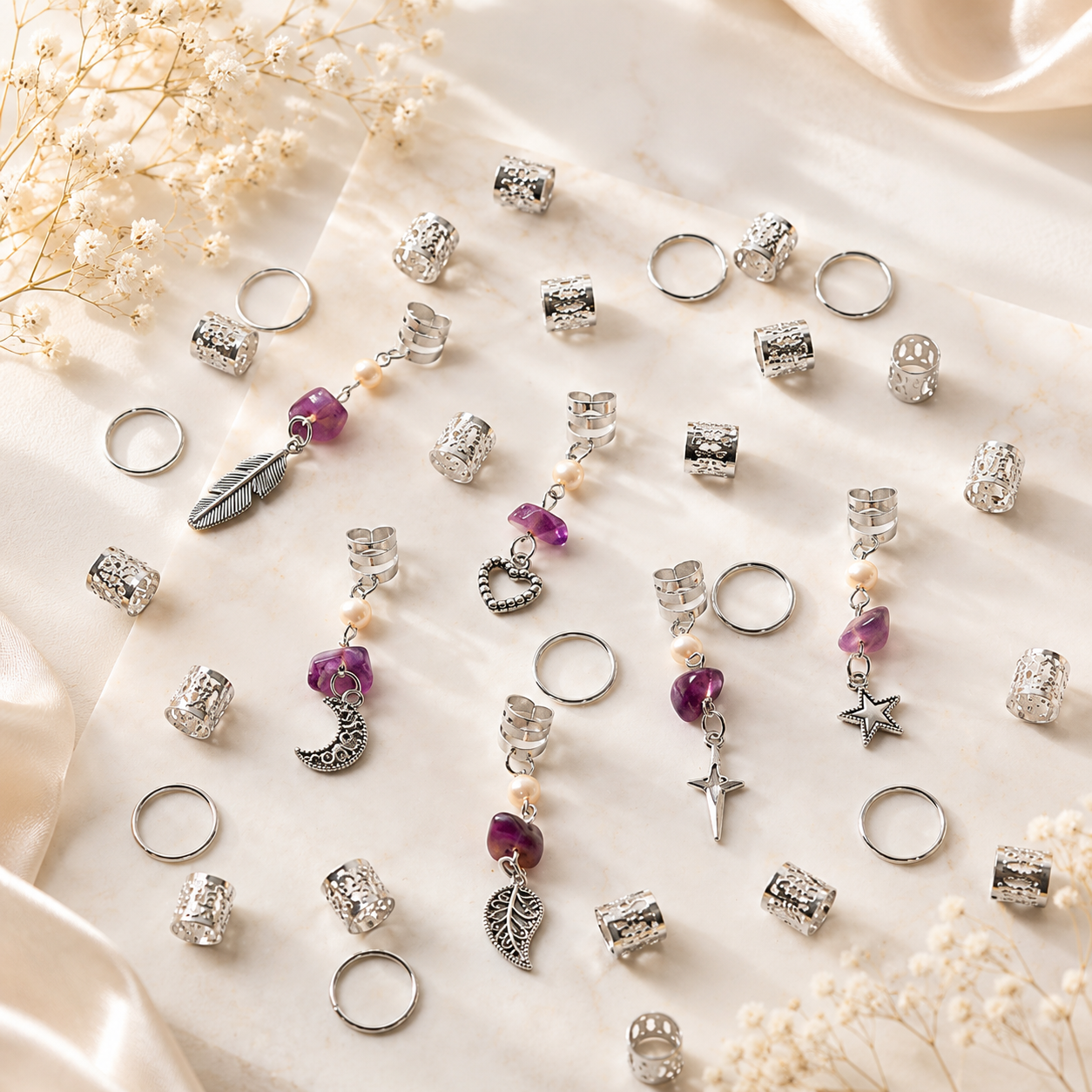 36PCS Silver Hair Cuffs for Braids | Adjustable Braid Rings, Dreadlock Hair Jewelry, Loc Accessories with Pearl, Purple Crystal & Charm Pendants