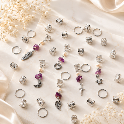 36PCS Silver Hair Cuffs for Braids | Adjustable Braid Rings, Dreadlock Hair Jewelry, Loc Accessories with Pearl, Purple Crystal & Charm Pendants