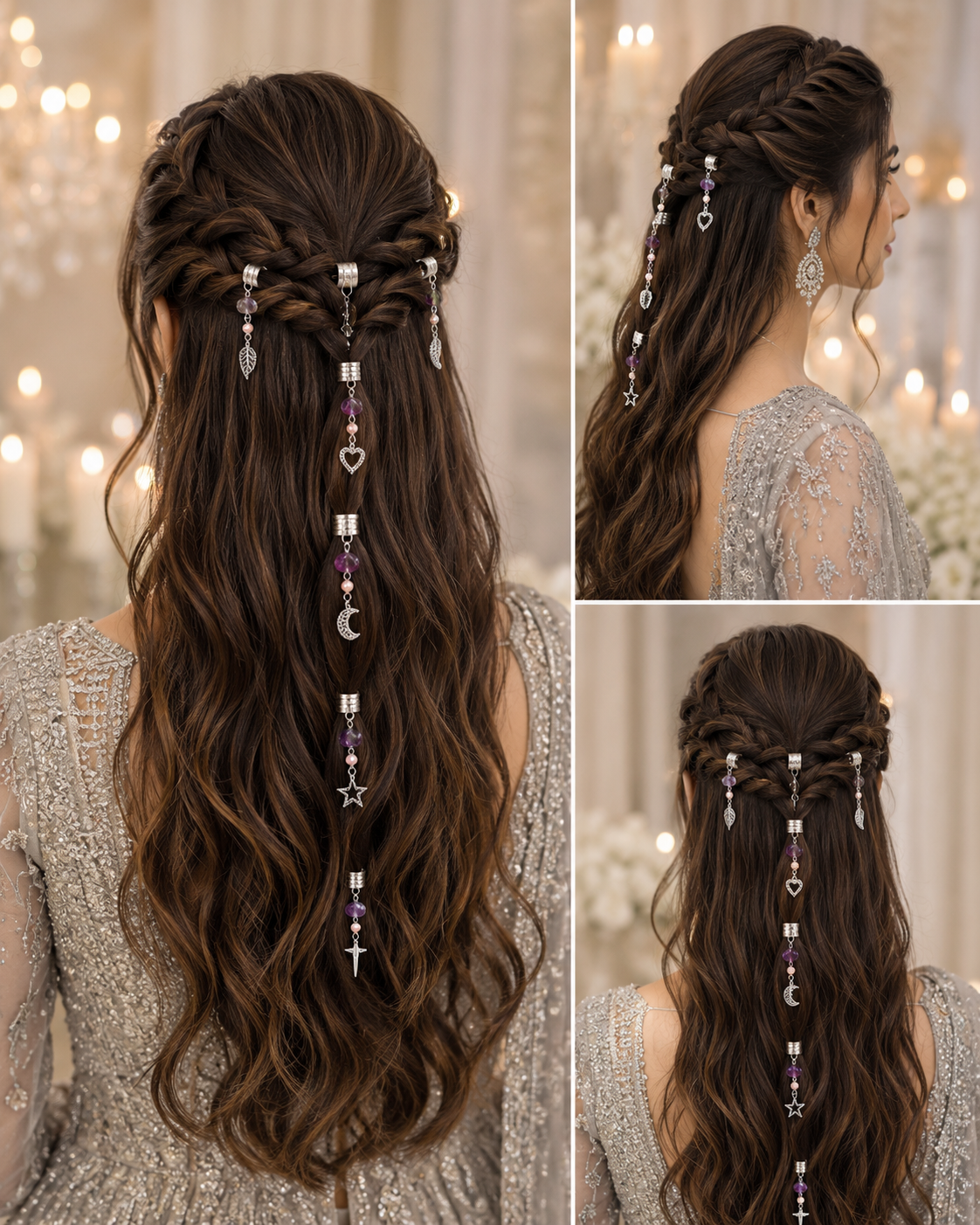 36PCS Silver Hair Cuffs for Braids | Adjustable Braid Rings, Dreadlock Hair Jewelry, Loc Accessories with Pearl, Purple Crystal & Charm Pendants