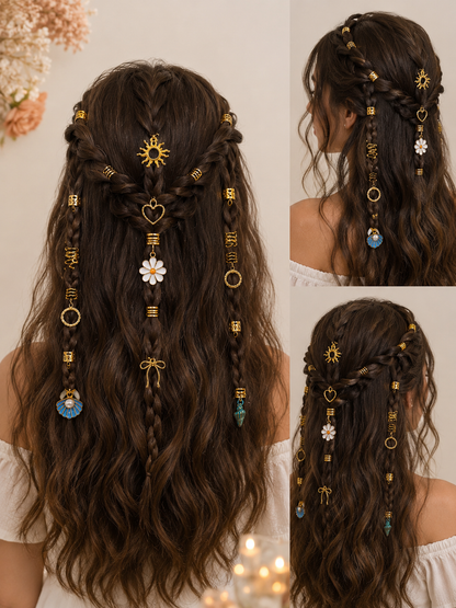 50PCS Gold Hair Rings & Hair Charms Set – Braid Accessories, Hair Jewelry for Braids, Ponytails & Wedding Hairstyles