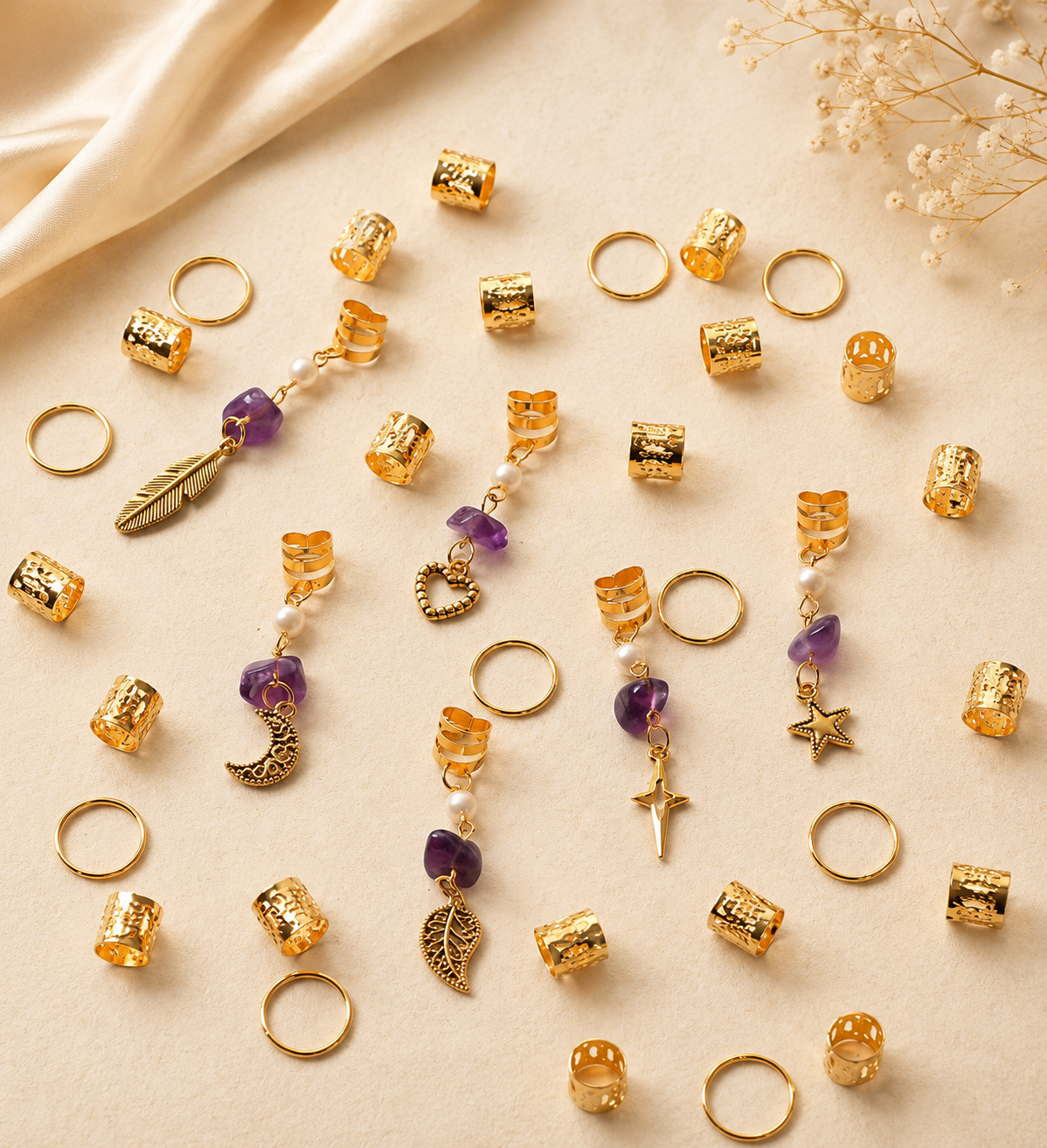36PCS Gold Hair Cuffs for Braids | Adjustable Braid Rings, Dreadlock Hair Jewelry, Loc Accessories with Pearl, Crystal & Charms