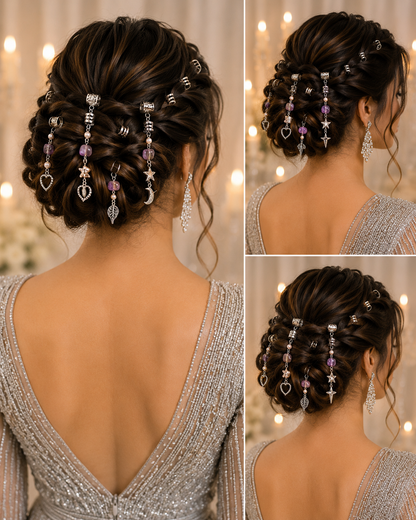 36PCS Silver Hair Cuffs for Braids | Adjustable Braid Rings, Dreadlock Hair Jewelry, Loc Accessories with Pearl, Purple Crystal & Charm Pendants