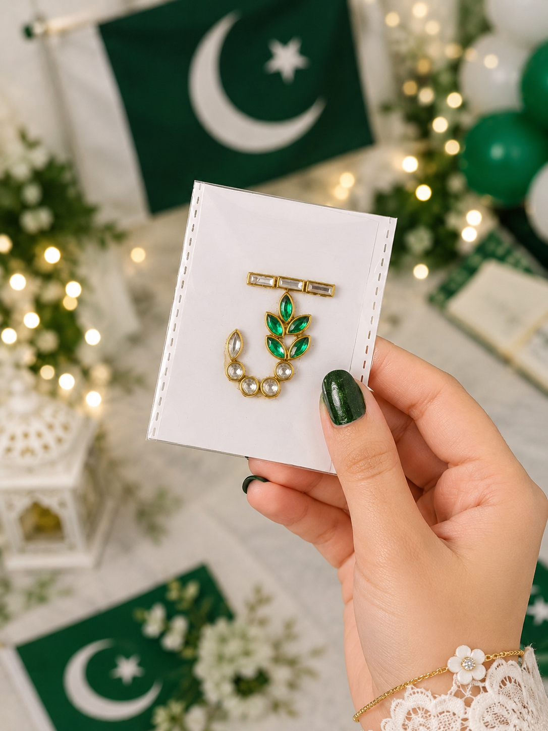 I–P Alphabet Kundan Flag Stickers | Green & White Initial Stickers | 14 August Special
