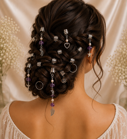 36PCS Silver Hair Cuffs for Braids | Adjustable Braid Rings, Dreadlock Hair Jewelry, Loc Accessories with Pearl, Purple Crystal & Charm Pendants