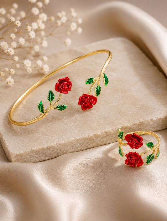 Rose Flower Bracelet & Ring Set for Women | Flower Jewelary