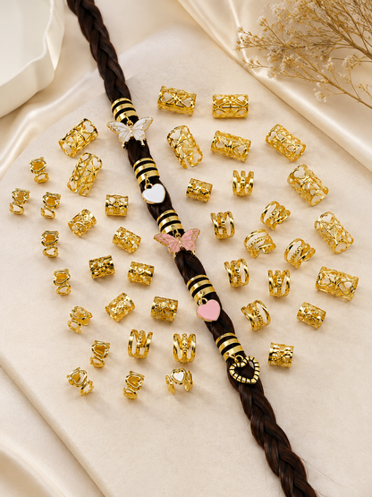 Pack of 45 Gold Hair Braid Rings & Charms – Premium Braiding Hair Accessories Set for Girls & Women