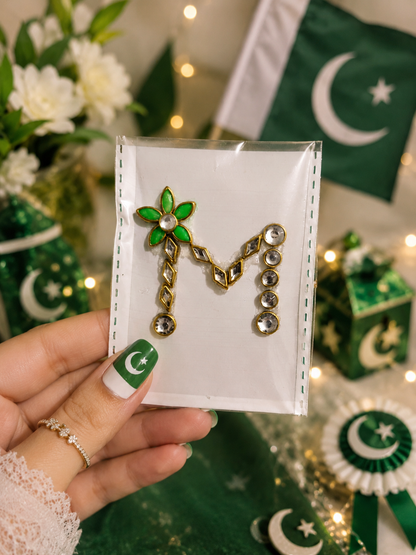I–P Alphabet Kundan Flag Stickers | Green & White Initial Stickers | 14 August Special