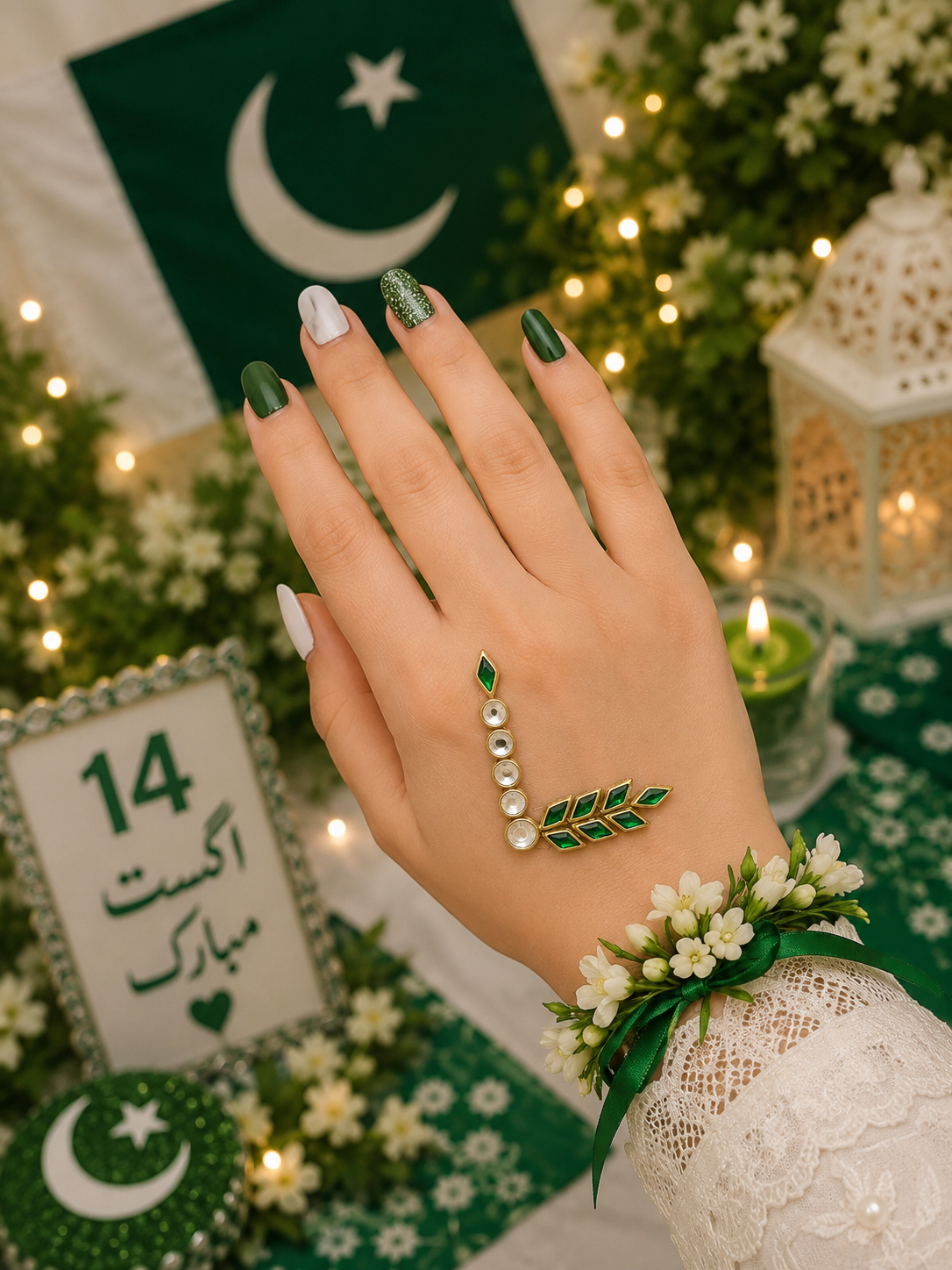 I–P Alphabet Kundan Flag Stickers | Green & White Initial Stickers | 14 August Special