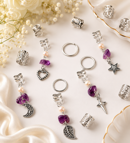 36PCS Silver Hair Cuffs for Braids | Adjustable Braid Rings, Dreadlock Hair Jewelry, Loc Accessories with Pearl, Purple Crystal & Charm Pendants