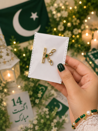 I–P Alphabet Kundan Flag Stickers | Green & White Initial Stickers | 14 August Special