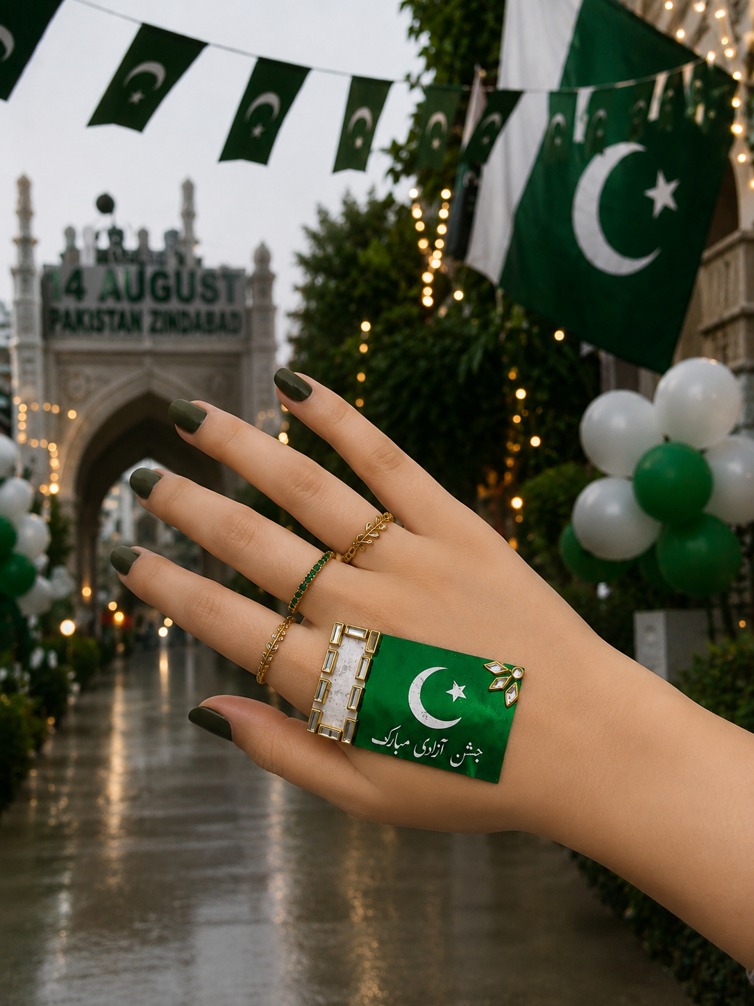 14 August Pakistan Flag Kundan Wrist Sticker – Premium Reusable Self-Adhesive Independence Day Decorative Sticker