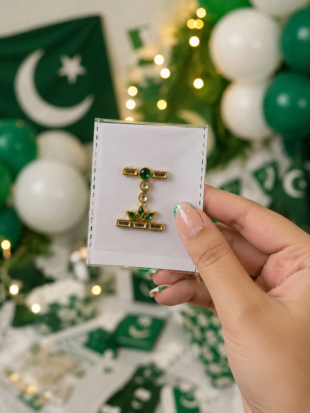 I–P Alphabet Kundan Flag Stickers | Green & White Initial Stickers | 14 August Special