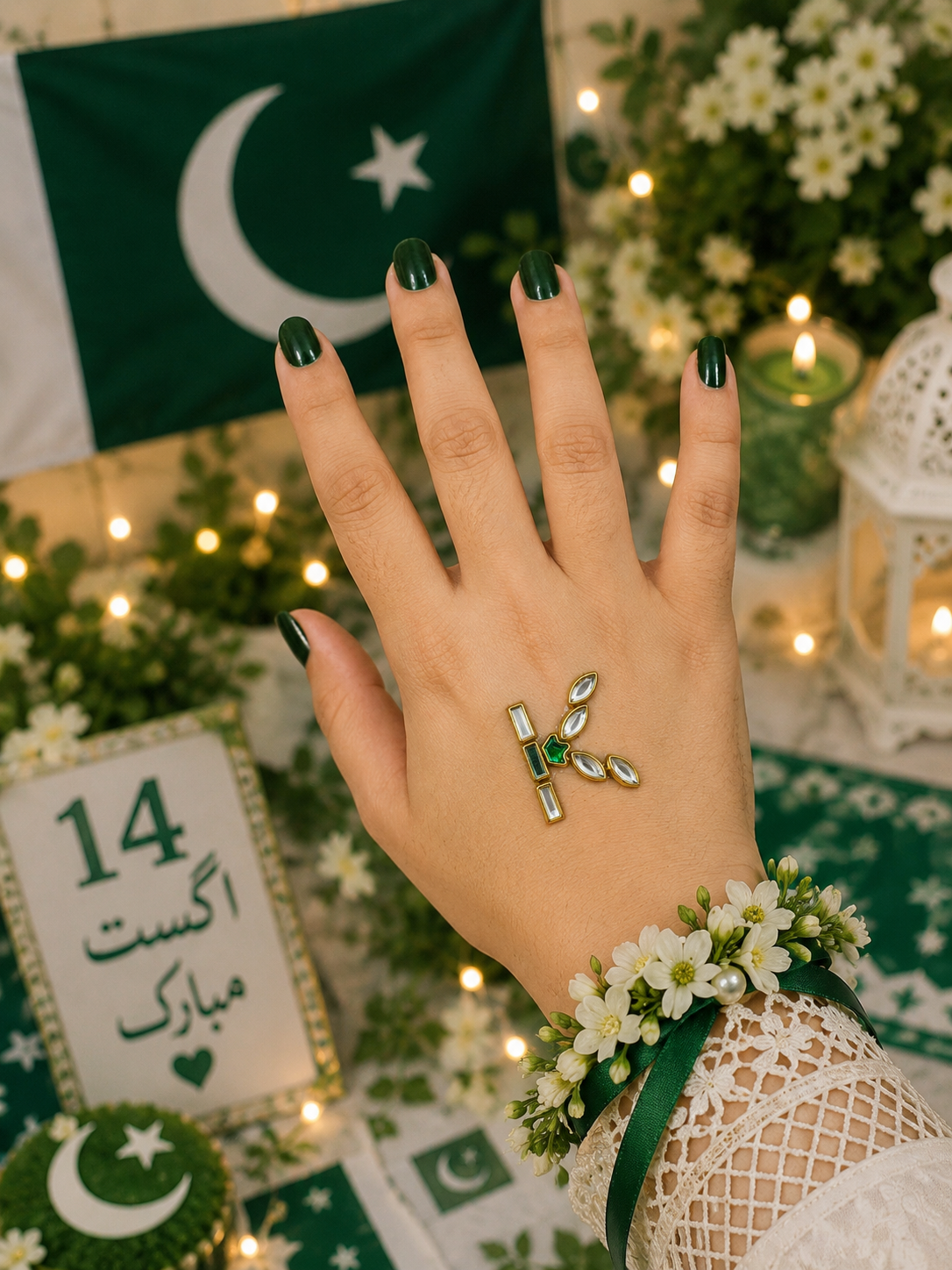 I–P Alphabet Kundan Flag Stickers | Green & White Initial Stickers | 14 August Special