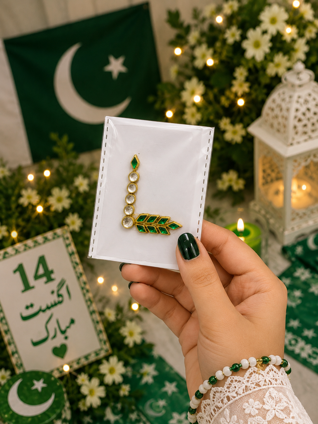 I–P Alphabet Kundan Flag Stickers | Green & White Initial Stickers | 14 August Special