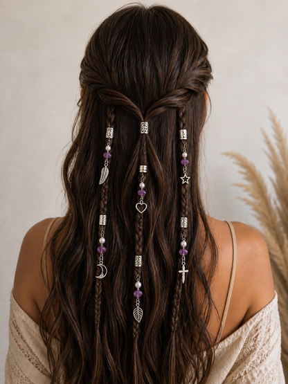 36PCS Silver Hair Cuffs for Braids | Adjustable Braid Rings, Dreadlock Hair Jewelry, Loc Accessories with Pearl, Purple Crystal & Charm Pendants