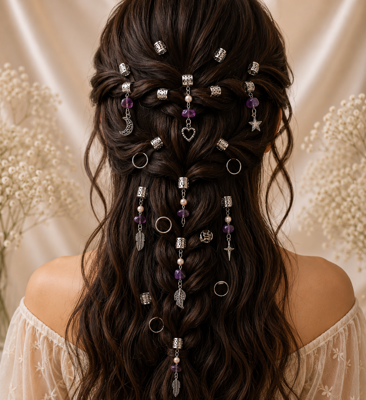 36PCS Silver Hair Cuffs for Braids | Adjustable Braid Rings, Dreadlock Hair Jewelry, Loc Accessories with Pearl, Purple Crystal & Charm Pendants