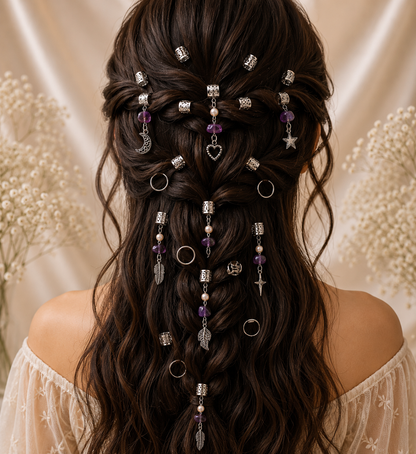 36PCS Silver Hair Cuffs for Braids | Adjustable Braid Rings, Dreadlock Hair Jewelry, Loc Accessories with Pearl, Purple Crystal & Charm Pendants