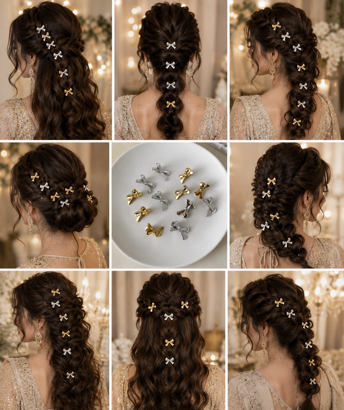 5PCS Crystal Bow Hair Clips Set – Silver & Gold Elegant Hair Accessories for Women & Girls