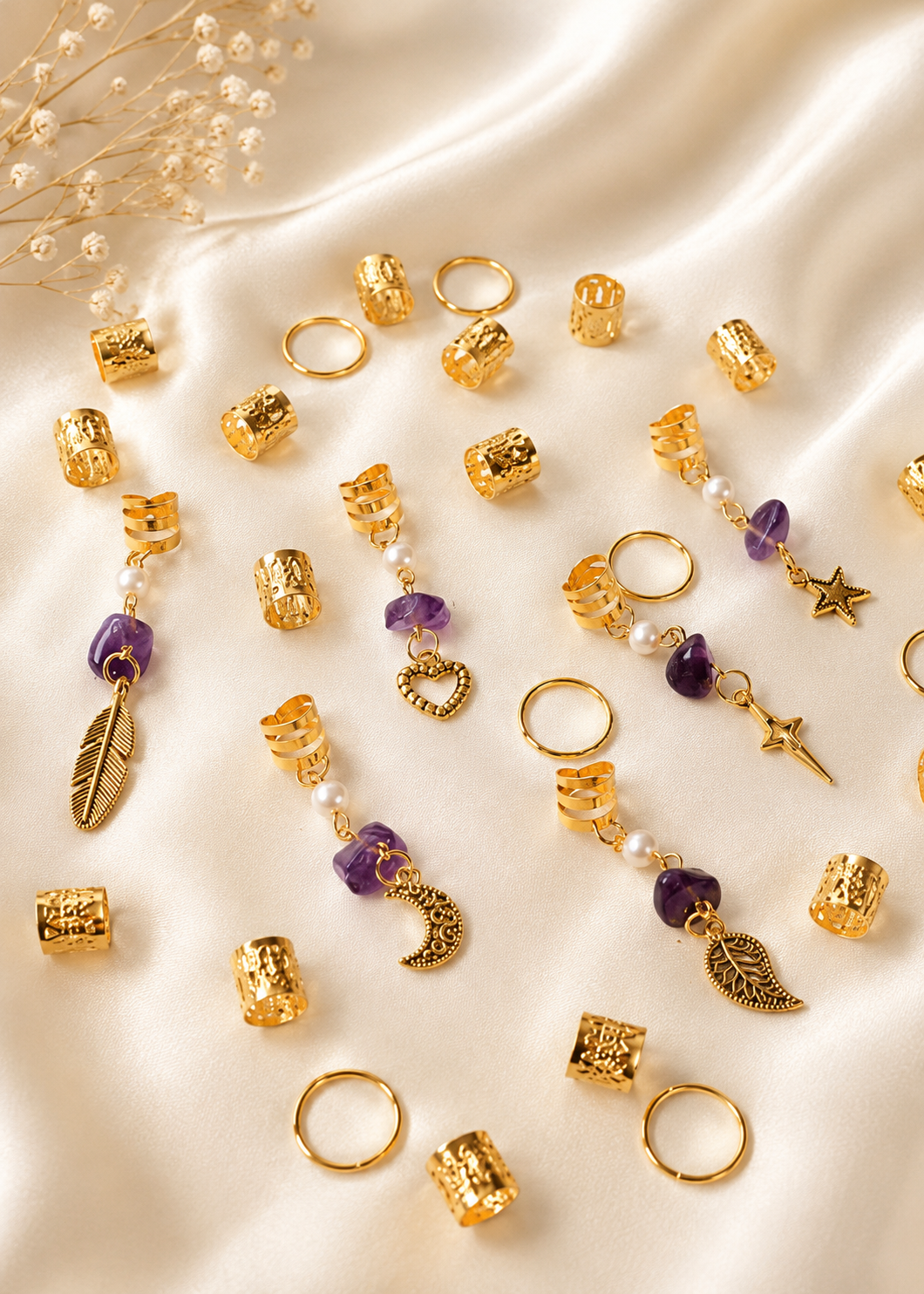 36PCS Gold Hair Cuffs for Braids | Adjustable Braid Rings, Dreadlock Hair Jewelry, Loc Accessories with Pearl, Crystal & Charms