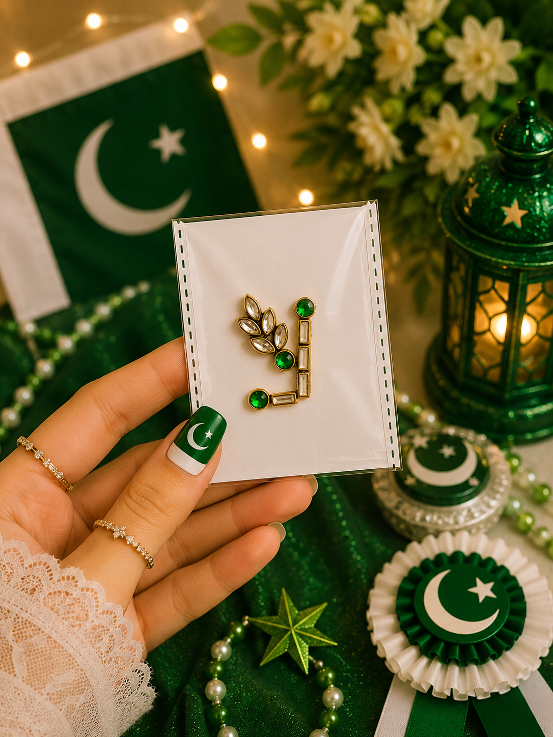 Q–Z Alphabet Kundan Flag Stickers | Green & White Initial Stickers | 14 August Special