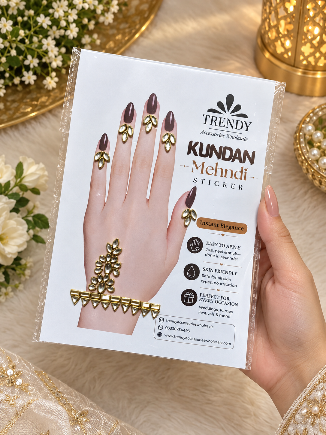 Design 06 | Royal Wrist Band Kundan Mehndi – Bridal Hand Jewelry Style Stickers