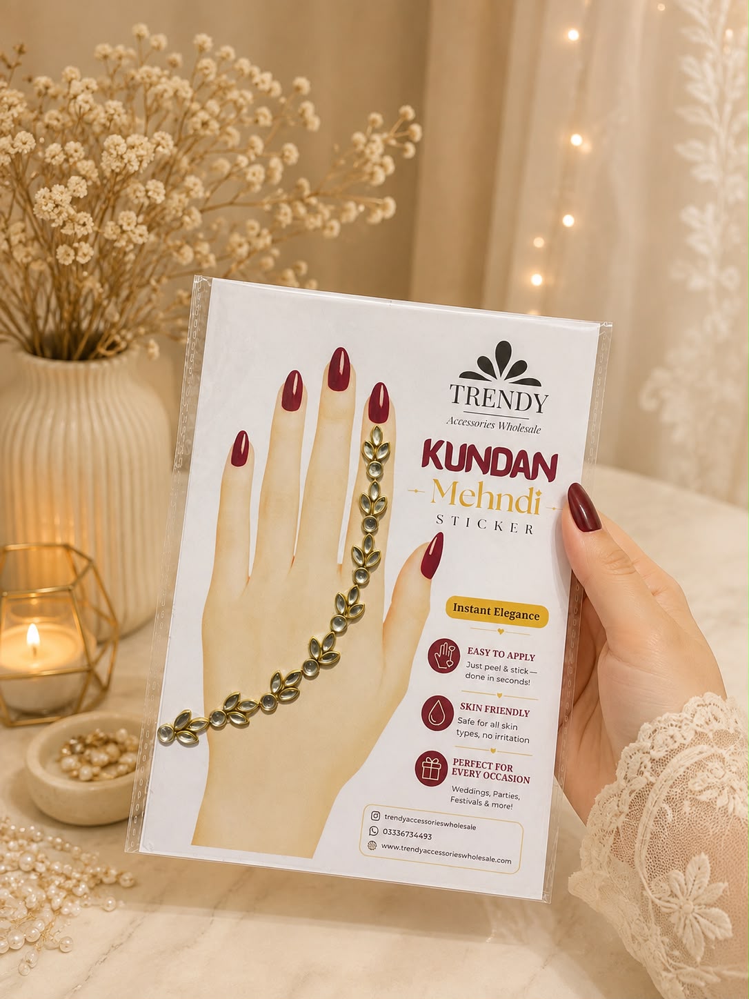 Design 02 | Royal Hand Chain Kundan Mehndi | Self Adhesive Bridal Hand Jewellery | Wedding & Festive Hand Accessory | Ethnic Kundan Hand Sticker