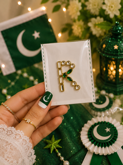 Q–Z Alphabet Kundan Flag Stickers | Green & White Initial Stickers | 14 August Special