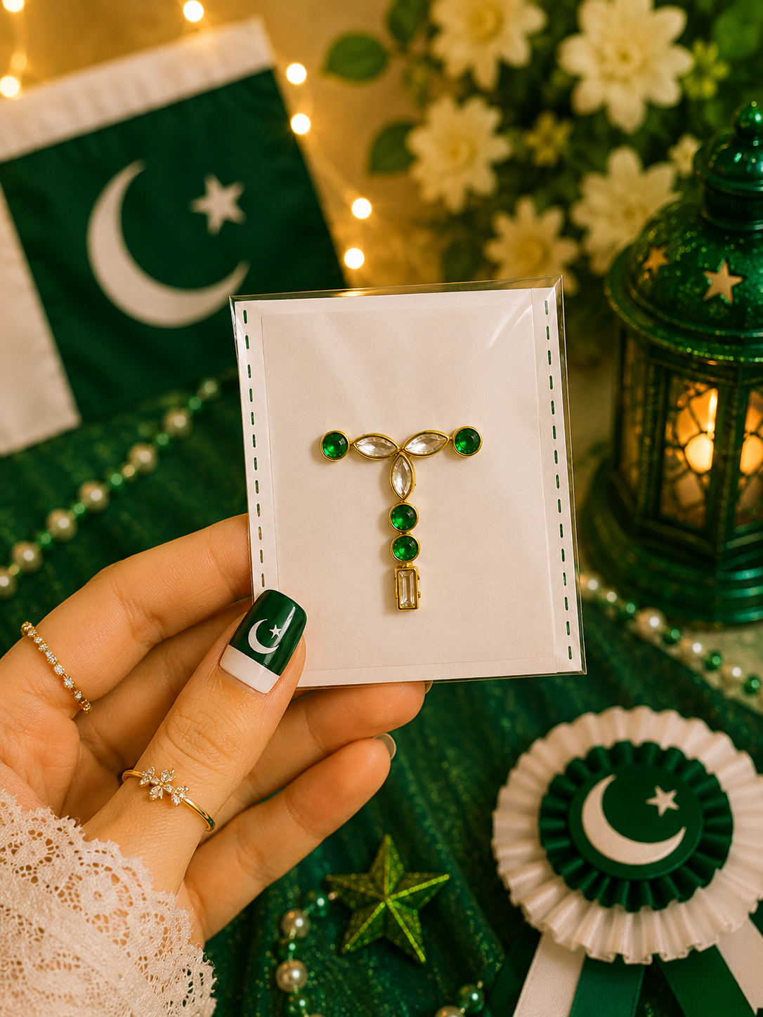 Q–Z Alphabet Kundan Flag Stickers | Green & White Initial Stickers | 14 August Special