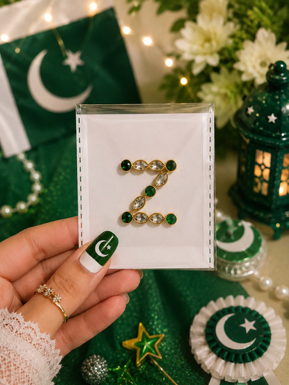 Q–Z Alphabet Kundan Flag Stickers | Green & White Initial Stickers | 14 August Special