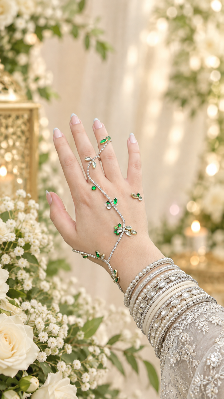 RineShine Kundan Mehndi Hand Chain – Green & white