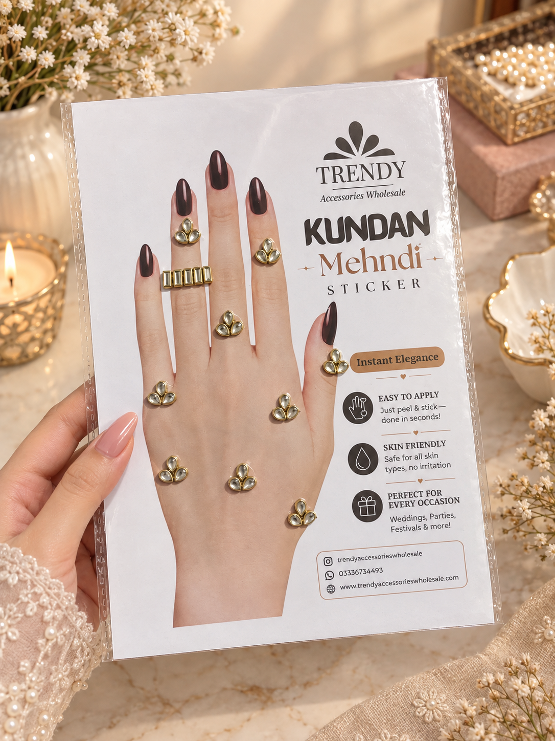 Design 31 | Royal Trio Kundan Mehndi | Bridal Hand Accessories Sticker